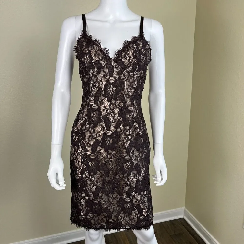 Rebecca Taylor Women Size 4 Brown Floral Lace Bodycon Midi Dress Sleevless Party